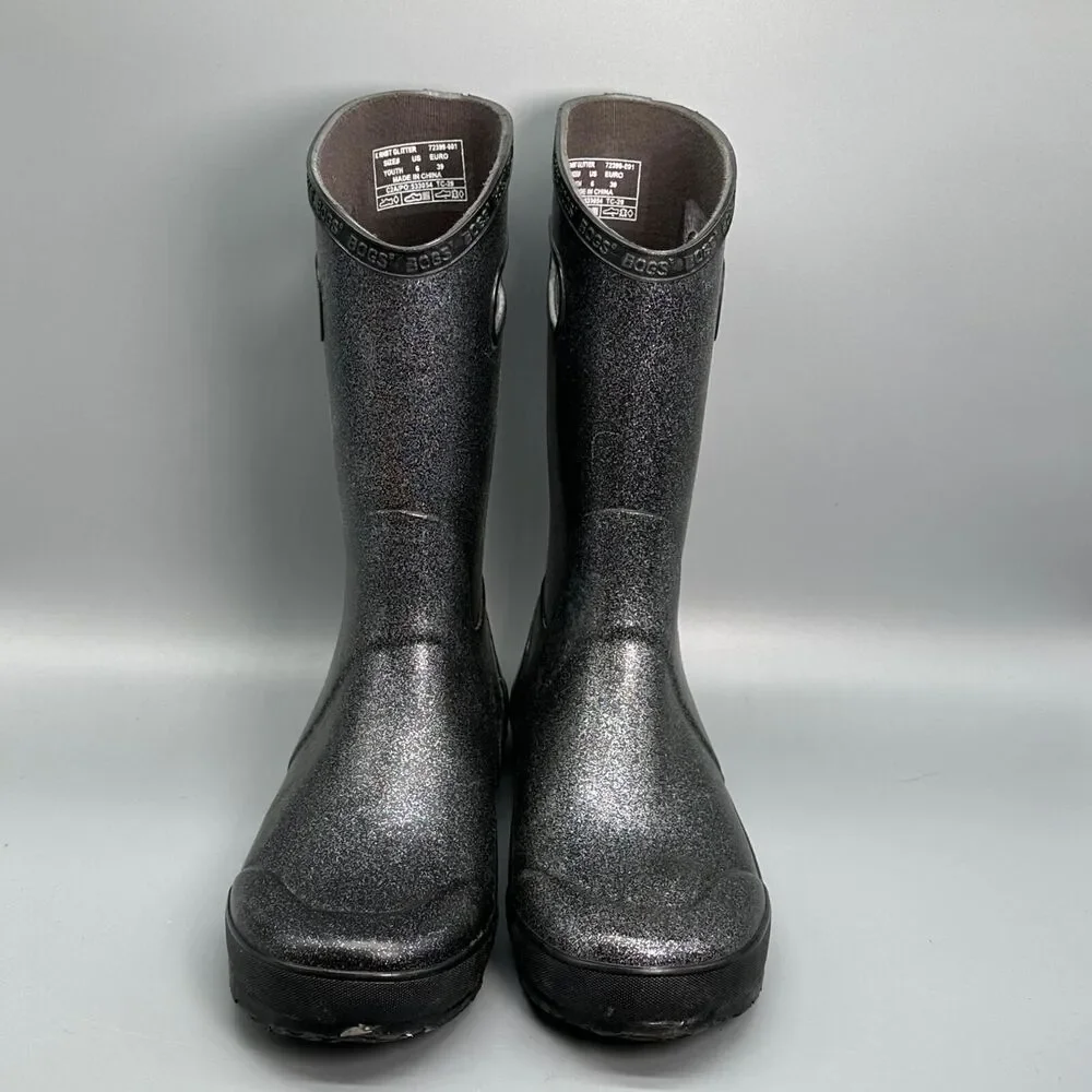 Bogs Rainboot Glitter Youth Girls 6 Gray Black Sparkle Tall Pull On Waterproof